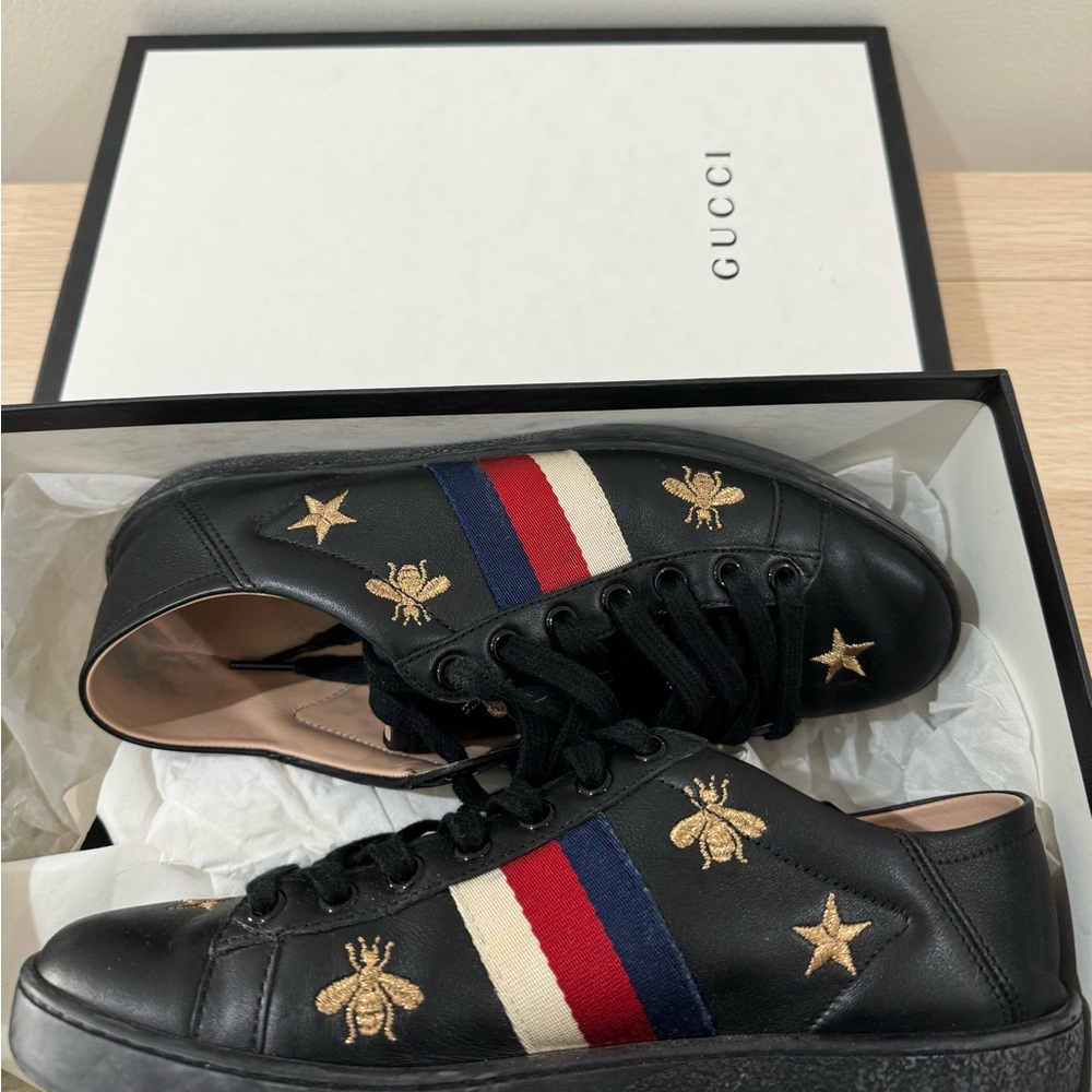 Gucci Black Leather Sneakers with Gold Details